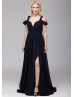 Navy Blue Chiffon Off Shoulder Slit Front Long Prom Dress 